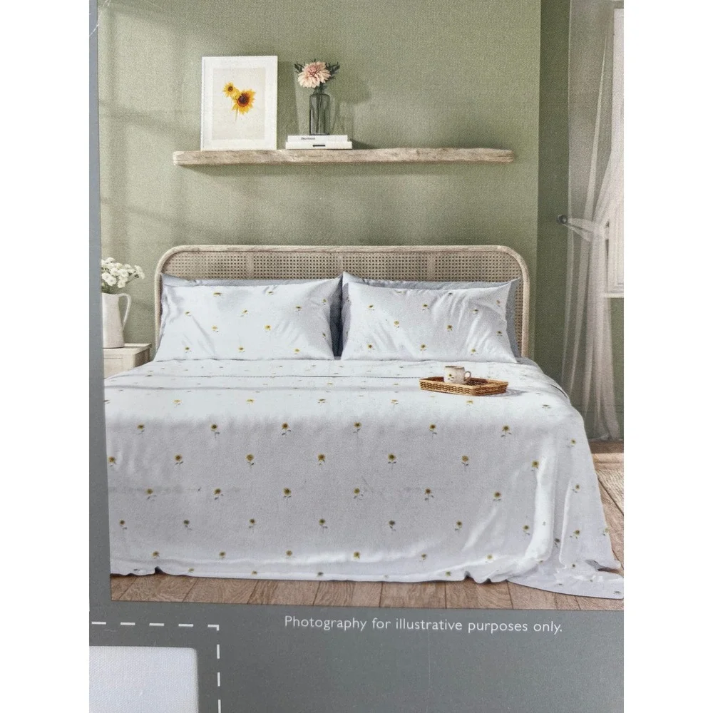 Sophie Allport Sheet Set QUEEN Sunflowers White Floral 100% Cotton 200TC Percale